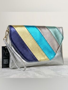 NWT Maria C. Italy Metallic Rainbow Stripe Envelope Clutch & Wristlet